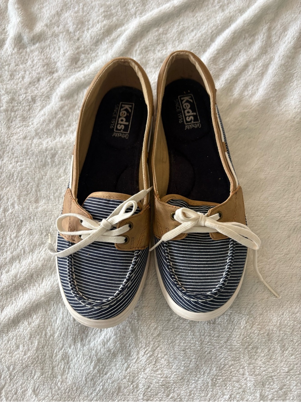 Keds Striped Navy & Tan slip-on Boat Shoes